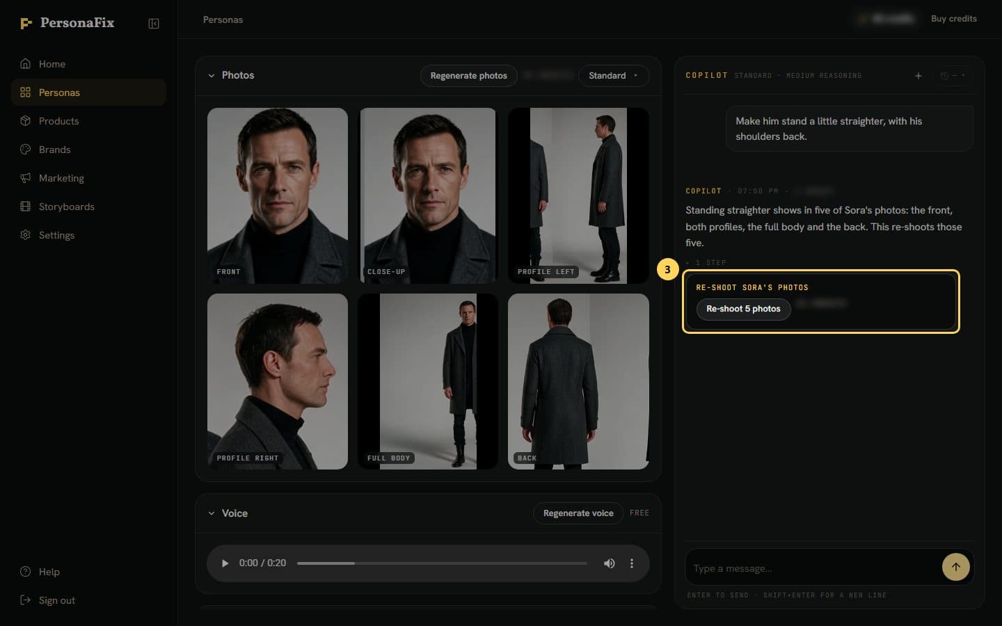 The chat's Re-shoot button with the number of photos and the price beside it