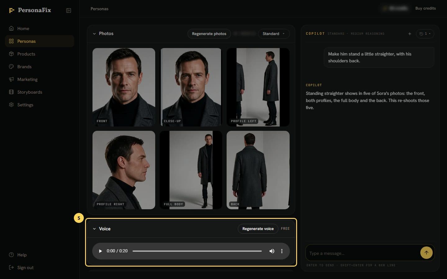 The Voice panel with a voice clip player and the Regenerate voice button