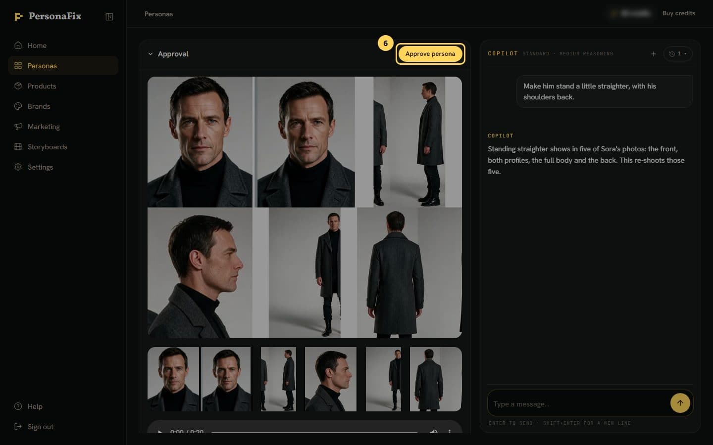 The Approval panel with six photos, a voice clip and the Approve persona button