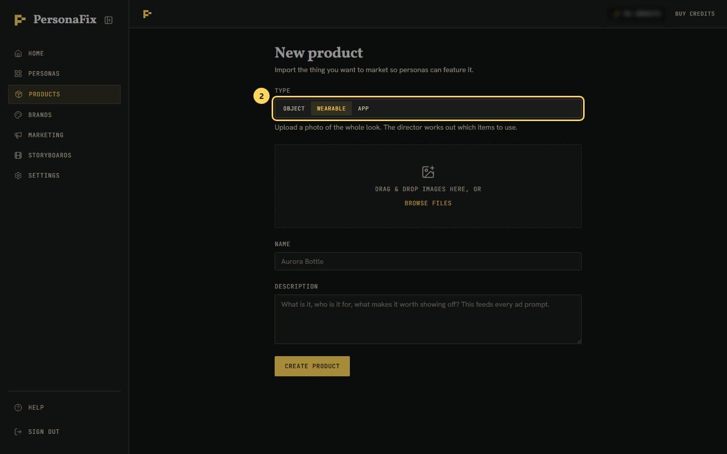 The product type switch with Object, Wearable and App, set to Wearable, on the New product page