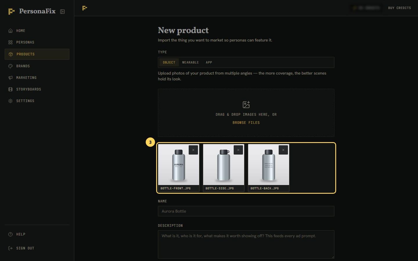 Front, side and back photos of a steel bottle added to the New product page