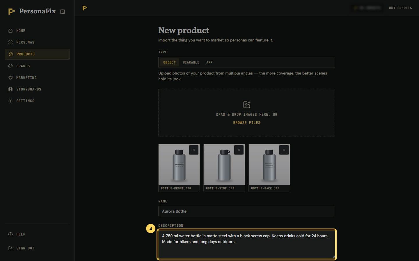 The name and description fields filled in for a steel water bottle