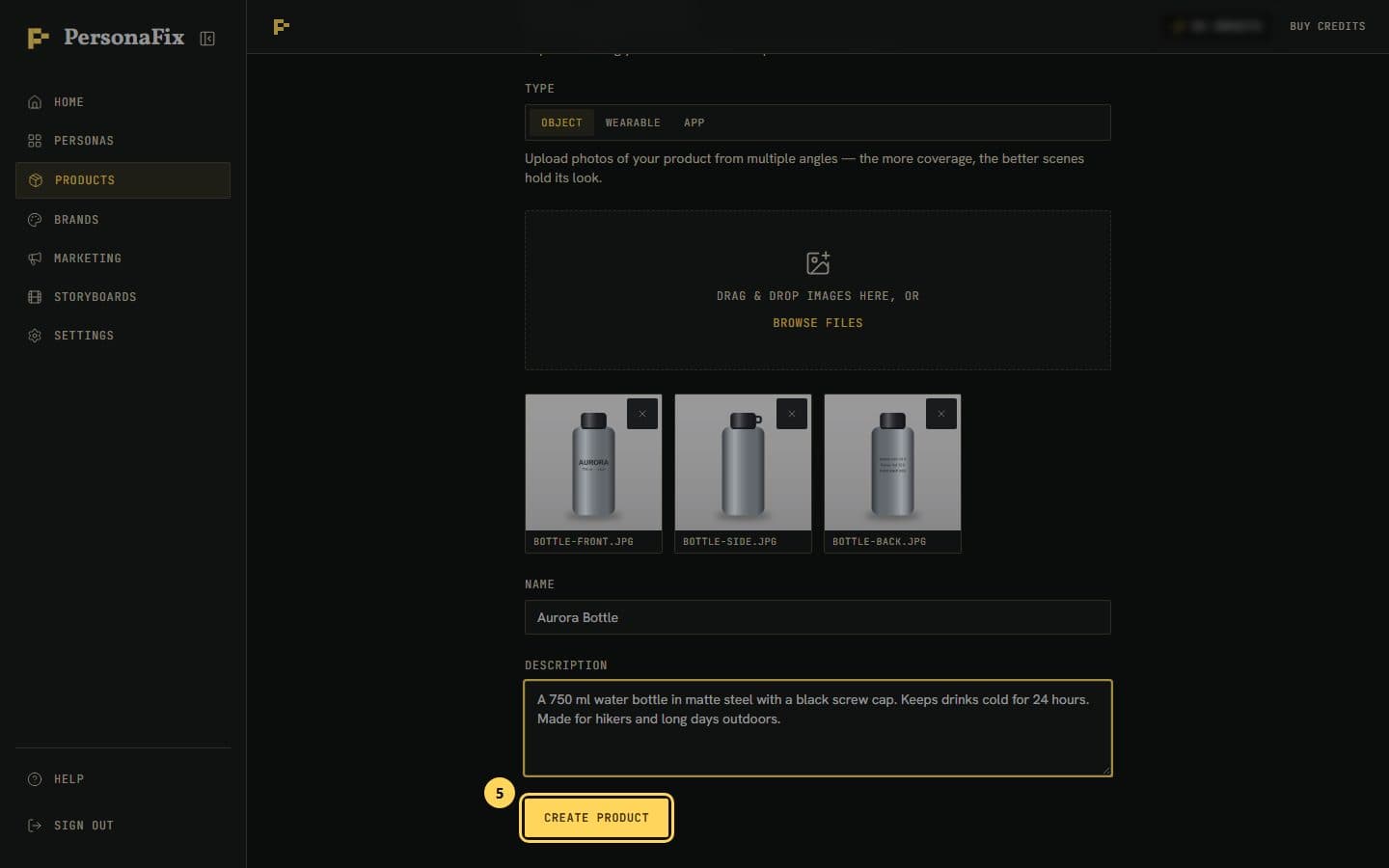 The Create product button at the bottom of the New product form