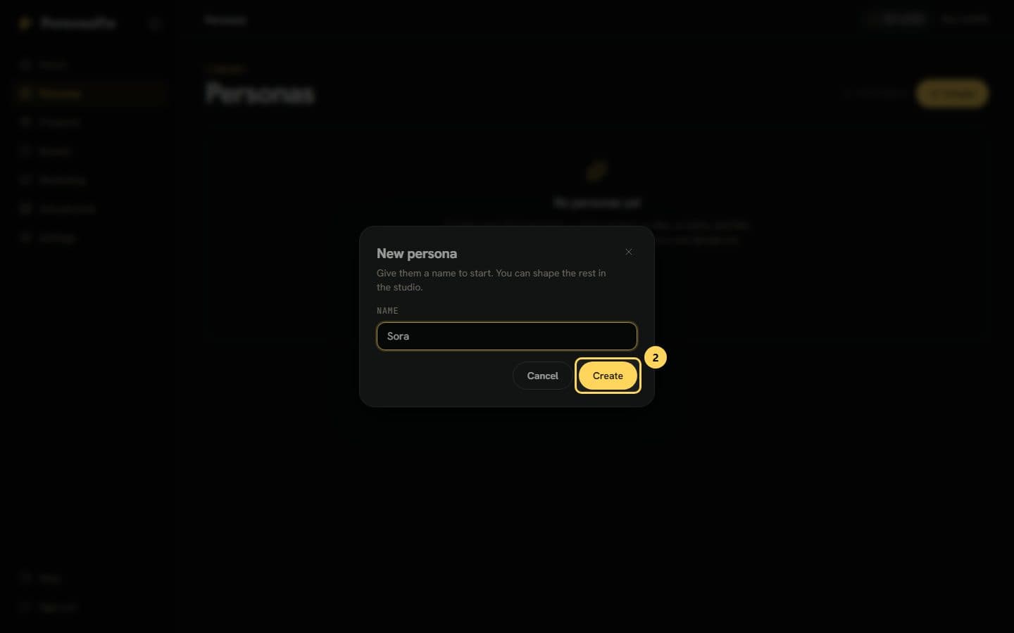 The New character dialog with a name typed in and the Create button