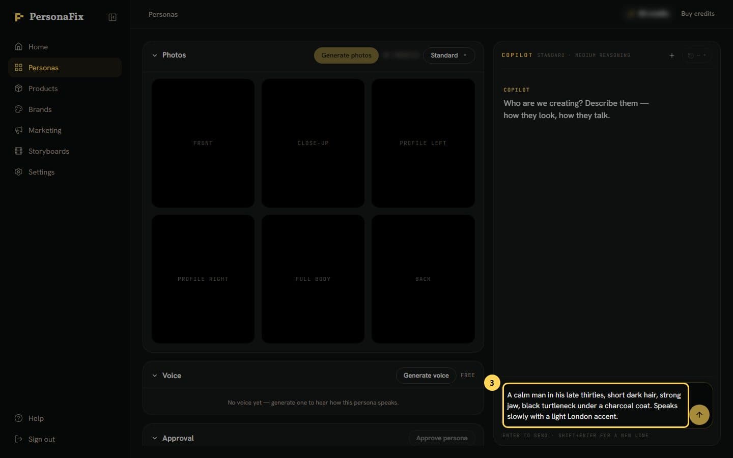 The persona studio chat asking who we are creating, with a description typed in