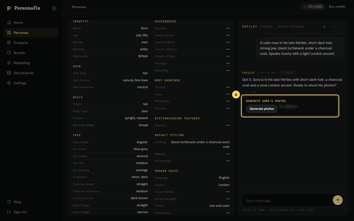 The Details panel filled in from the description, beside the chat's Generate photos button