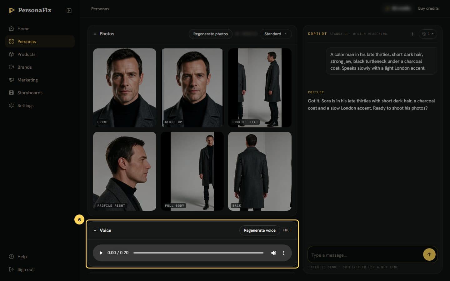 The Voice panel with the actor's voice clip and the Regenerate voice button