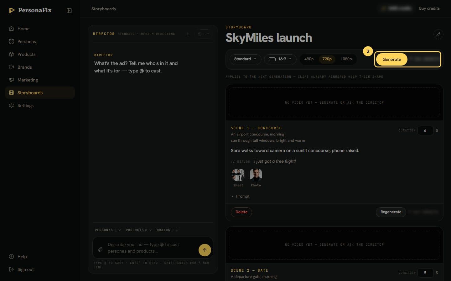 The Generate button on a storyboard with its price shown beside it