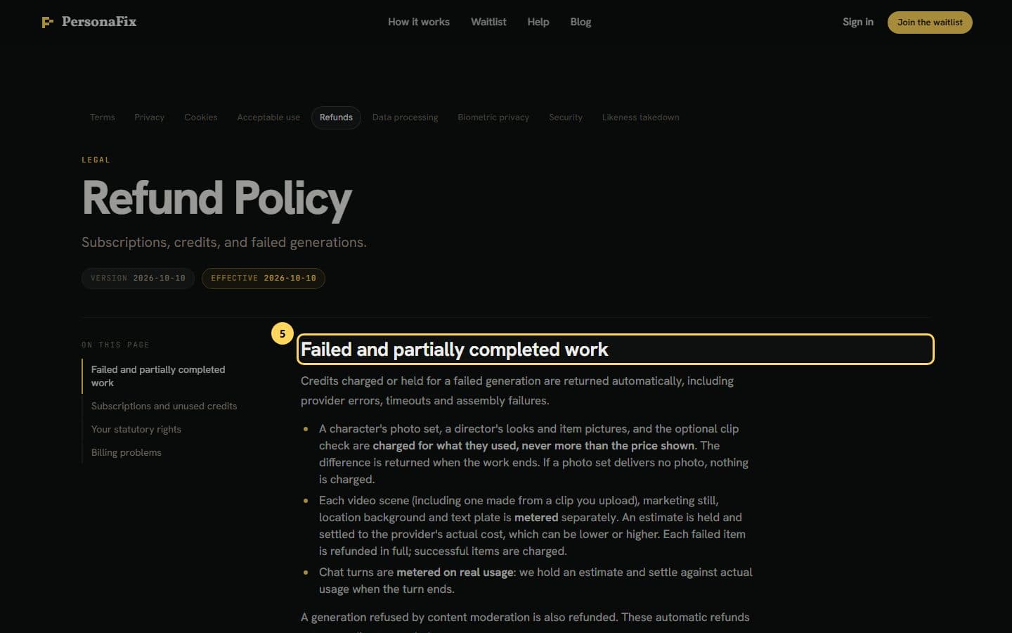 The Refund Policy section on failed and partially completed work