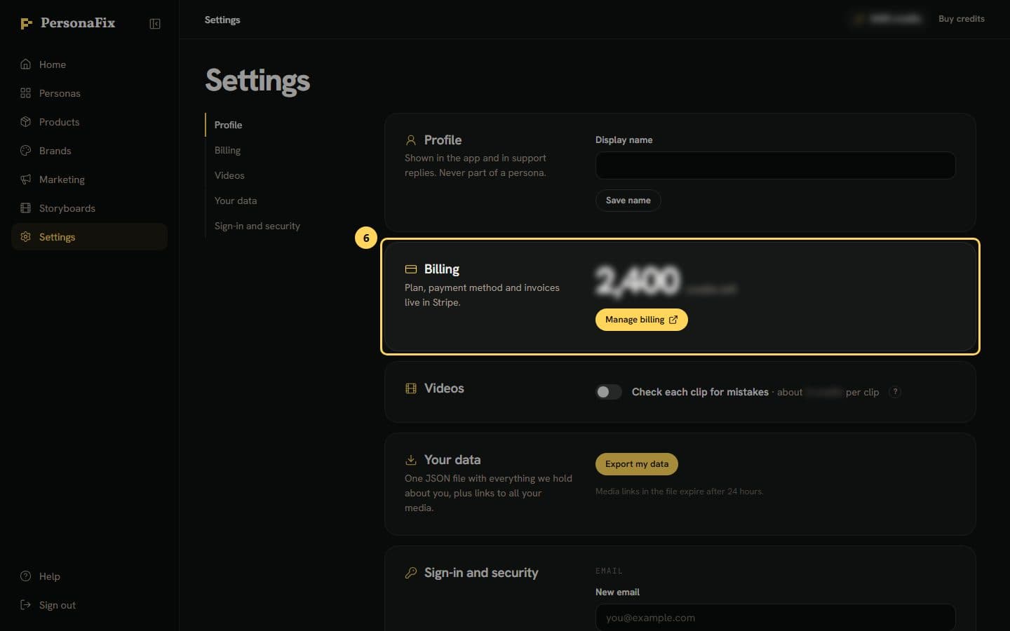 The Billing section of Settings showing your credit balance