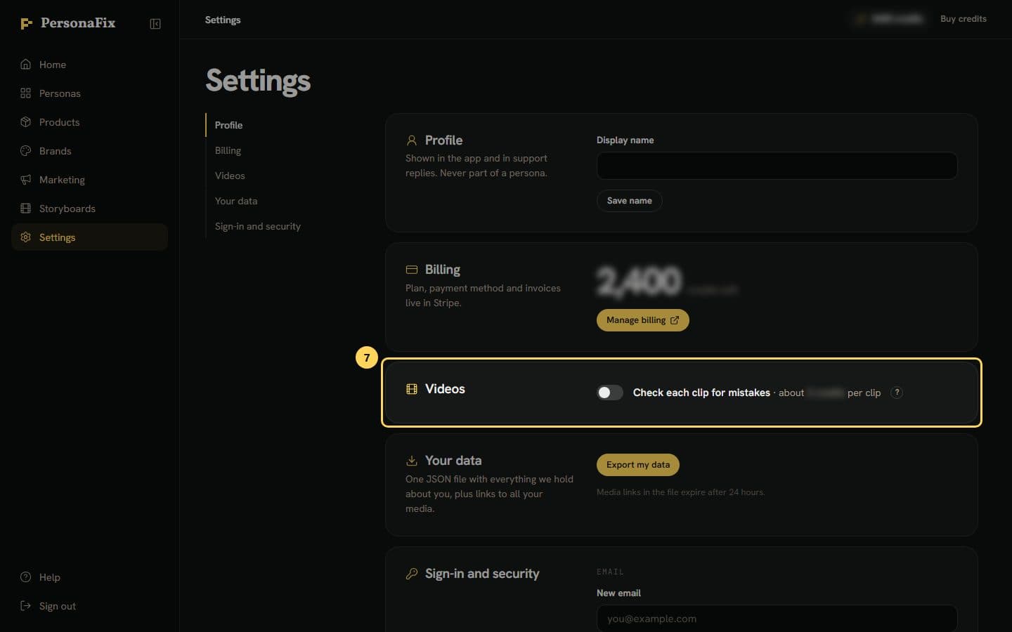 The Videos card in Settings with the Check each clip for mistakes switch