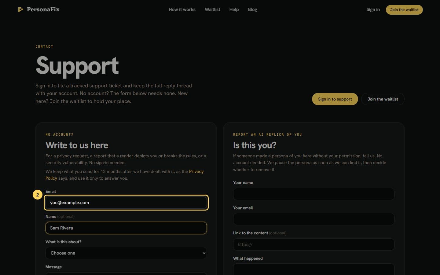 The contact form with the Email field filled in and highlighted