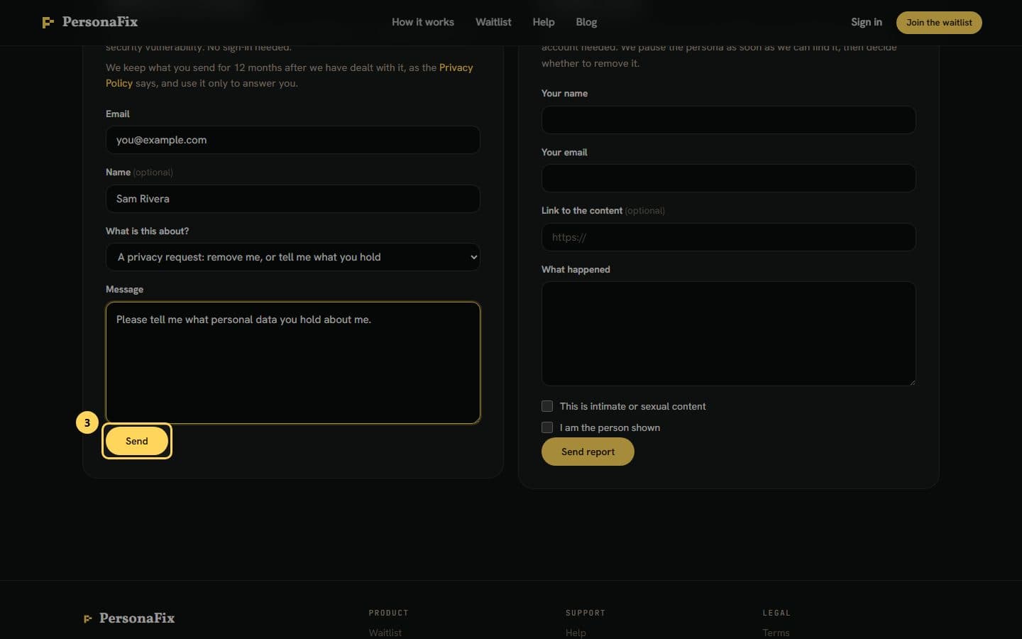 The filled-in contact form with a privacy request and the Send button