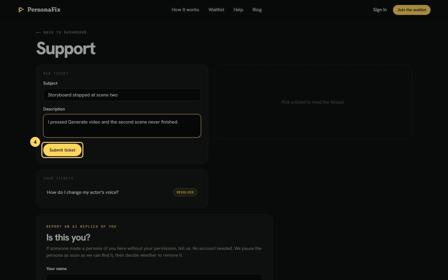 The signed-in Support page with the New ticket form filled in