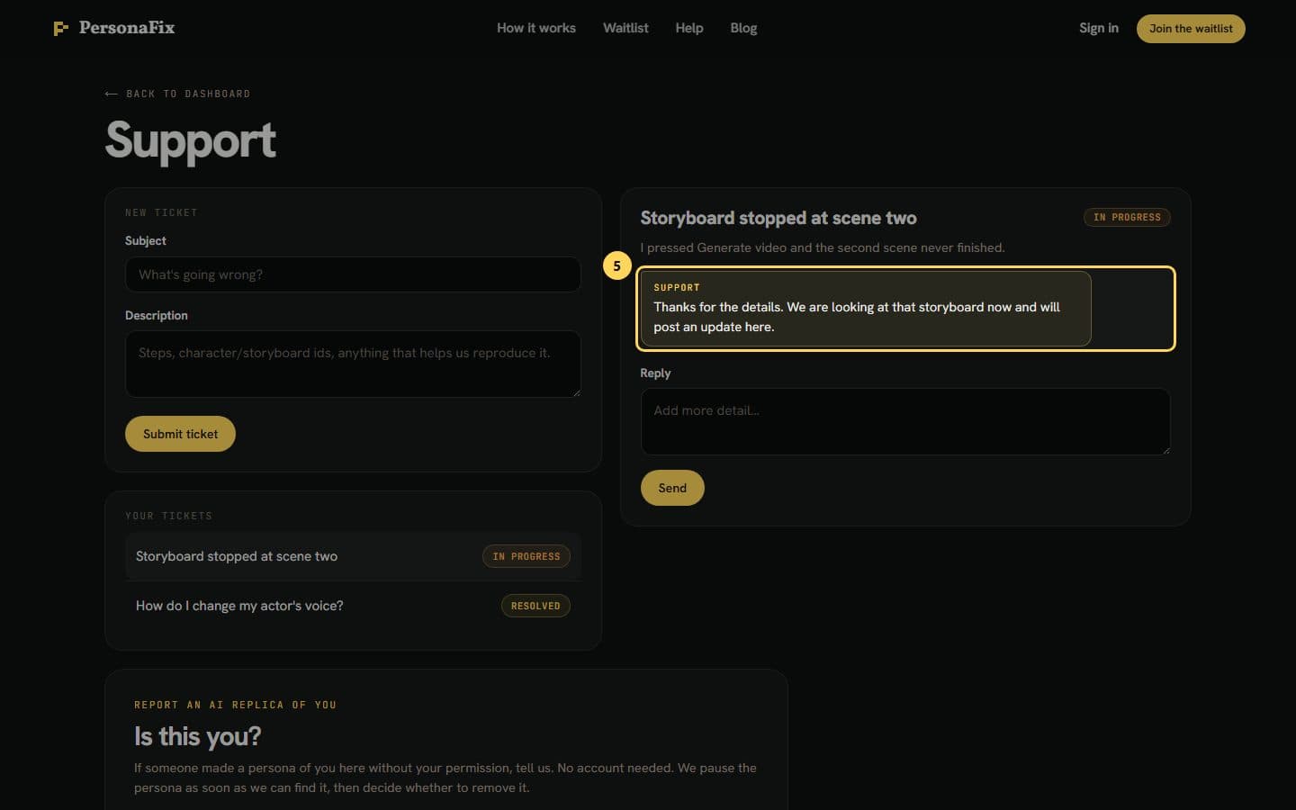 The Your tickets list with one ticket open, showing a reply from Support
