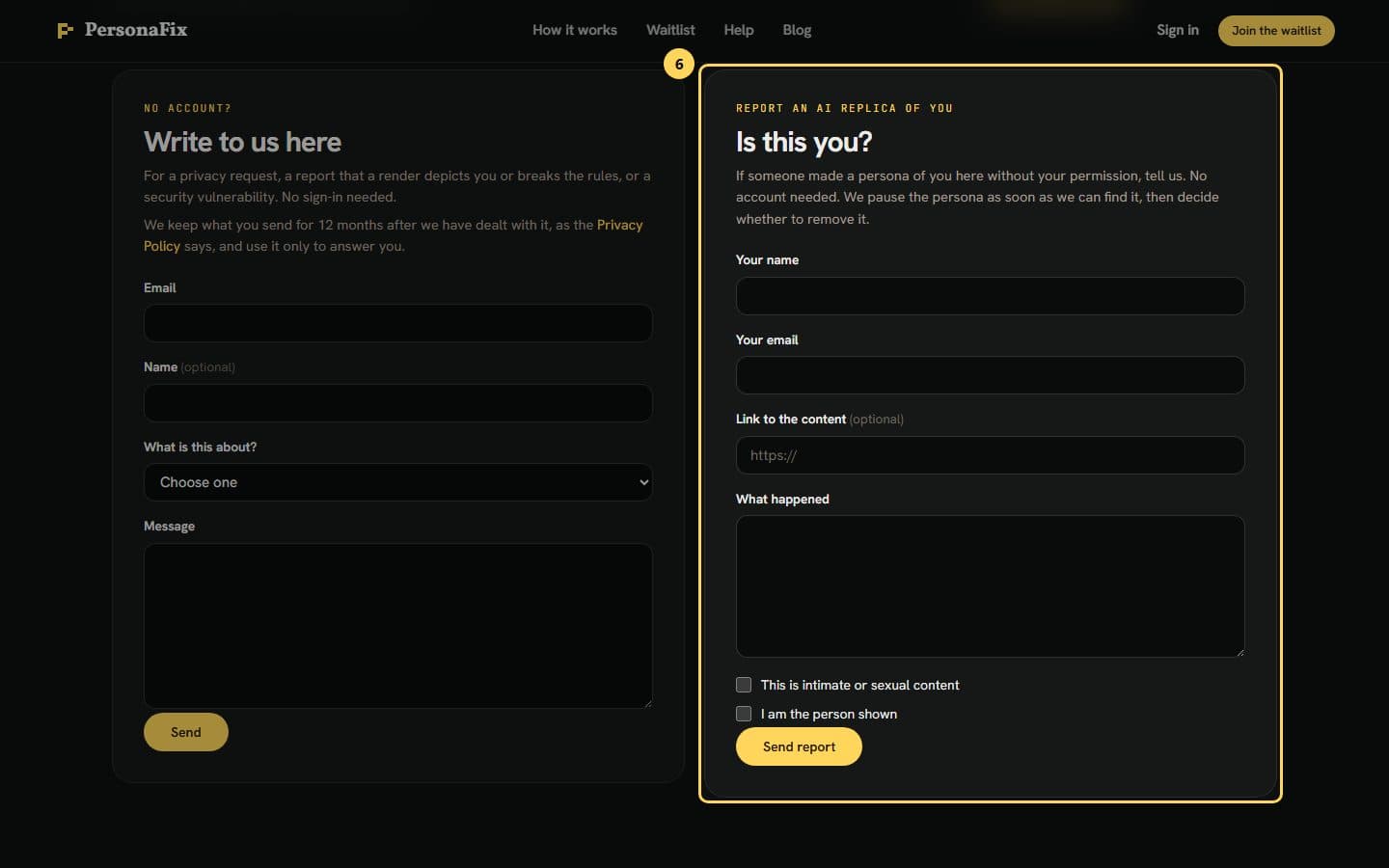 The Is this you? form on the Support page for reporting an AI replica of yourself