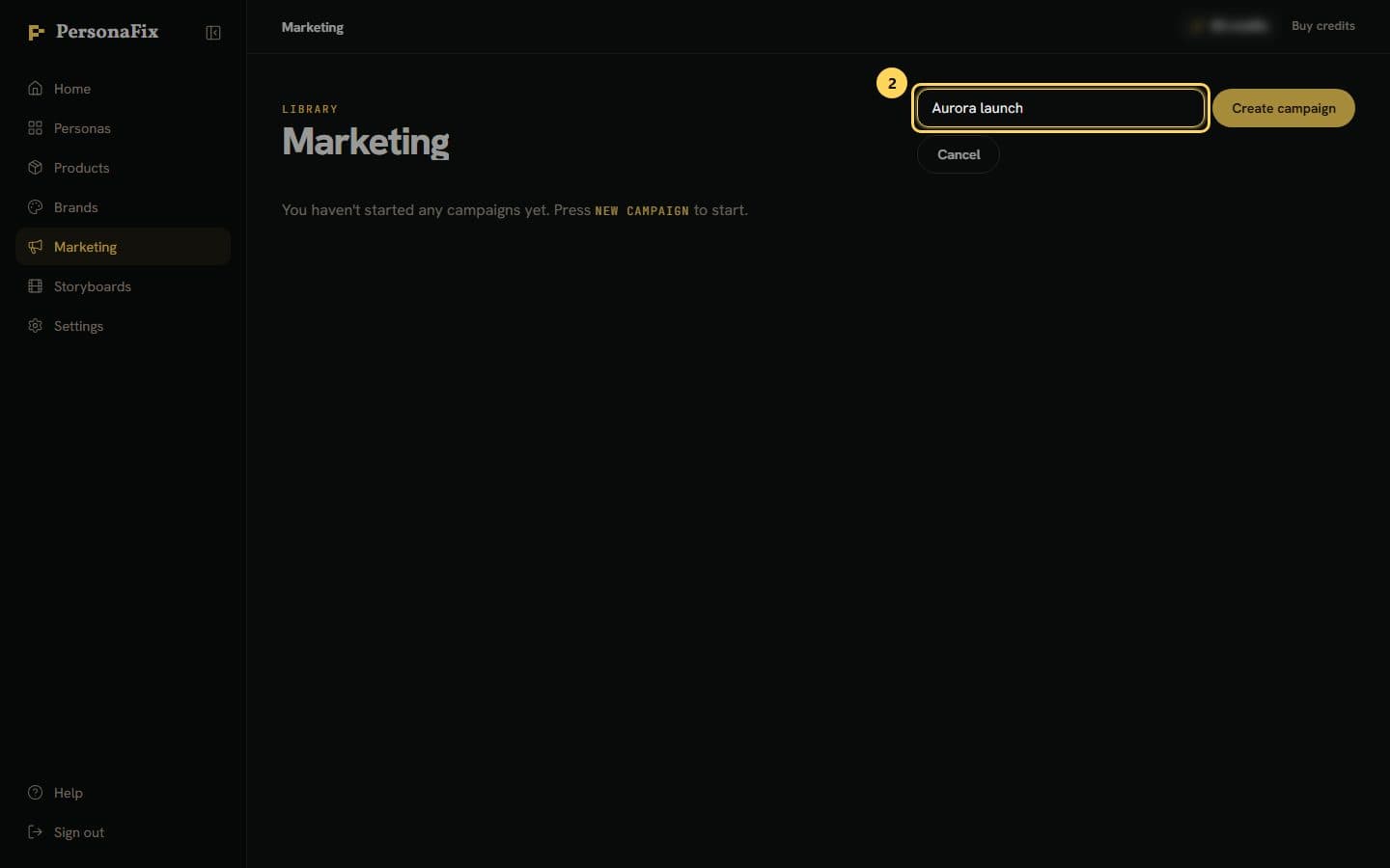 The campaign name box on the Marketing page with a name typed in