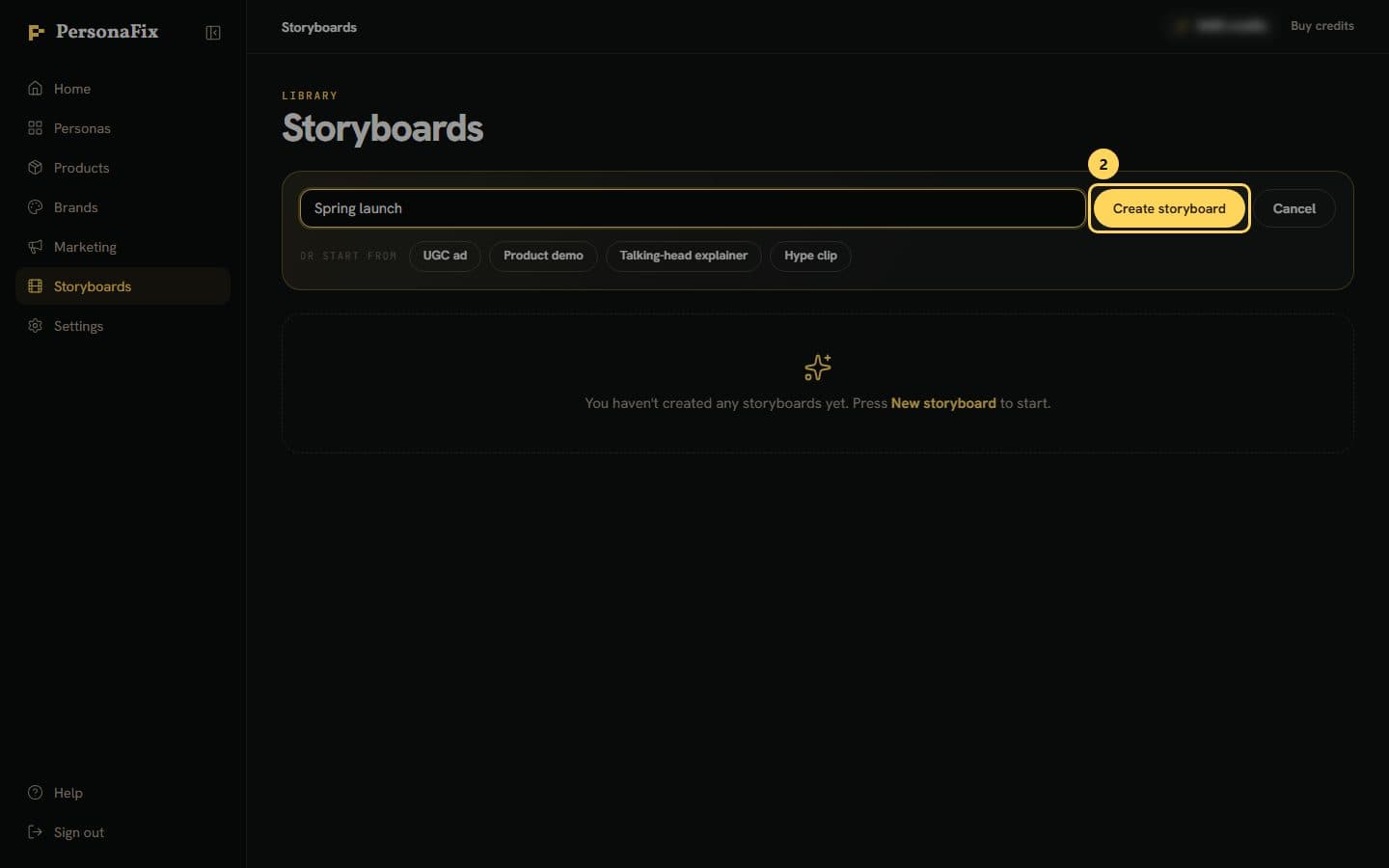 The storyboard name box with Spring launch typed in and the Create storyboard button