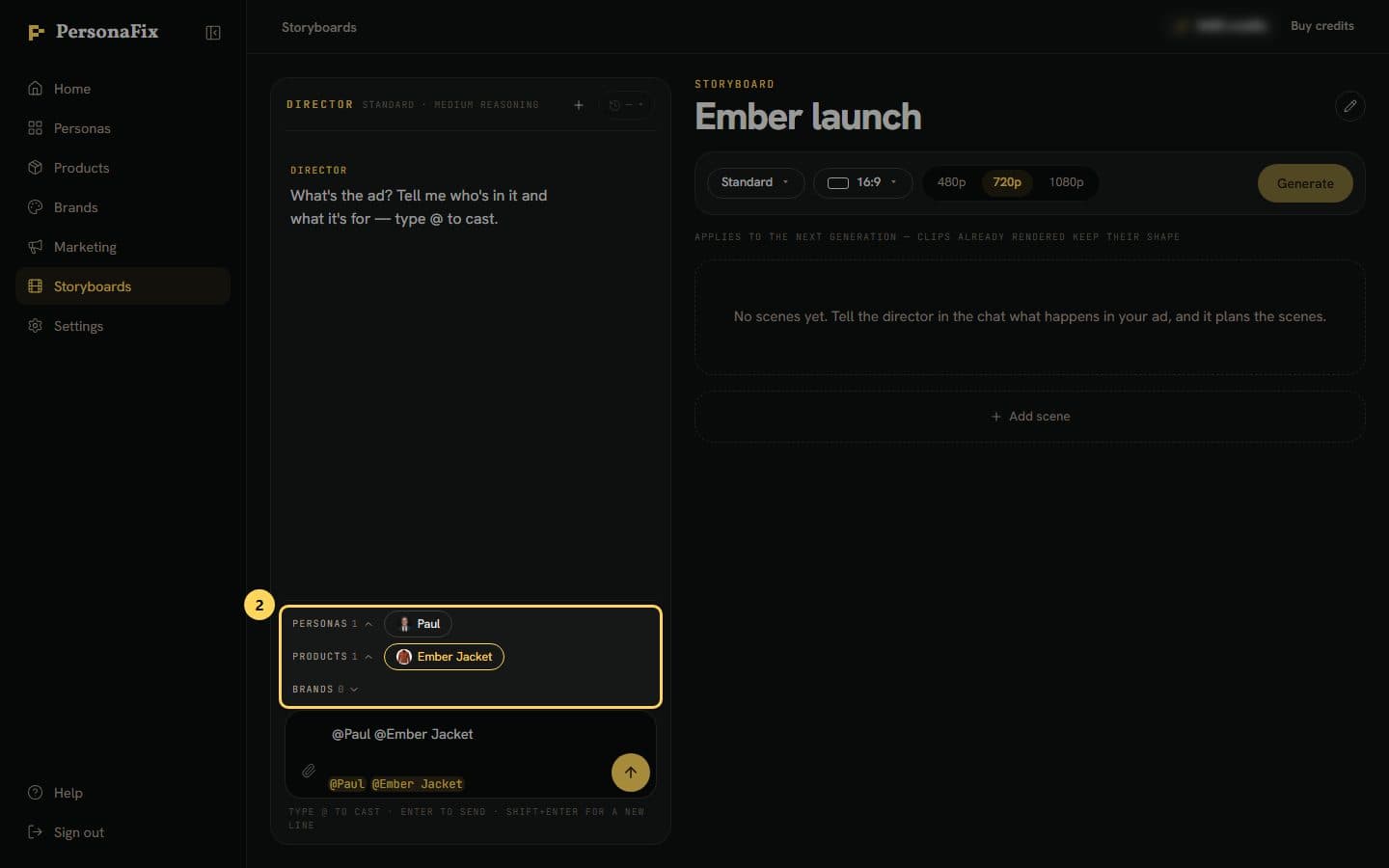 The storyboard chat with the actor Paul and the Ember Jacket picked above the message box