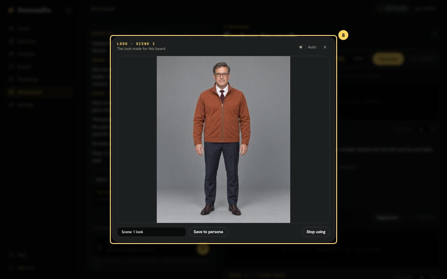 The look of Paul in the rust jacket opened full size from scene 1's pictures, with Save to persona and Stop using