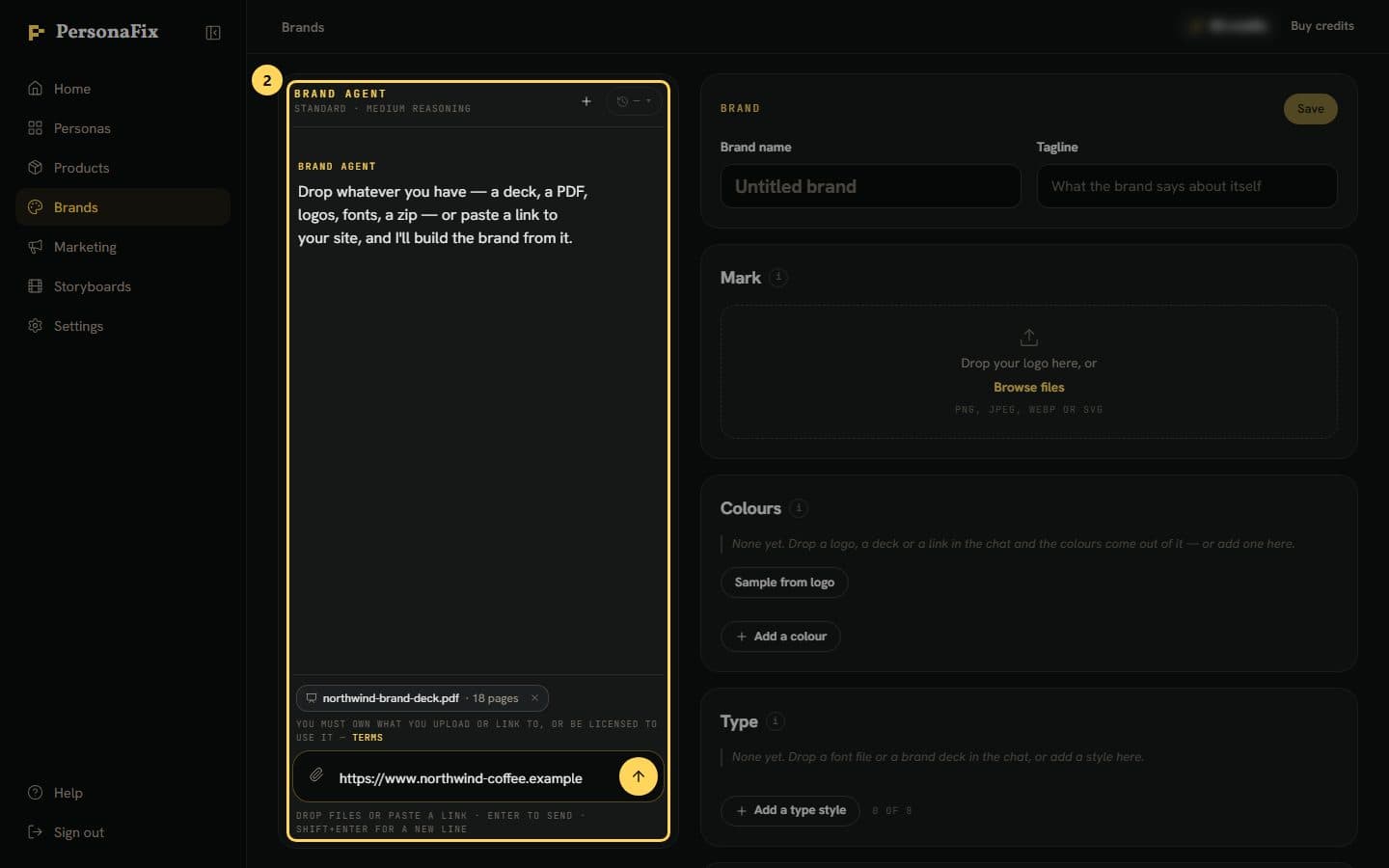 The brand agent chat with a brand deck attached and a website link pasted into the message box