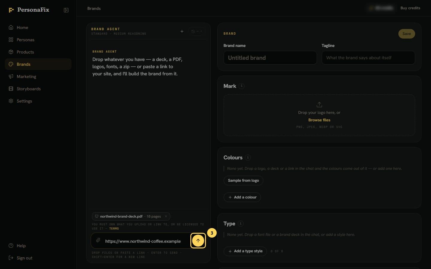 The send button next to a website link typed in the message box, with a brand deck attached