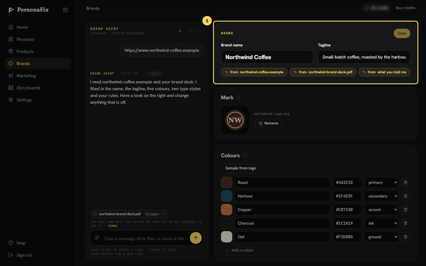 The brand name and tagline fields, each with a chip naming the website it came from