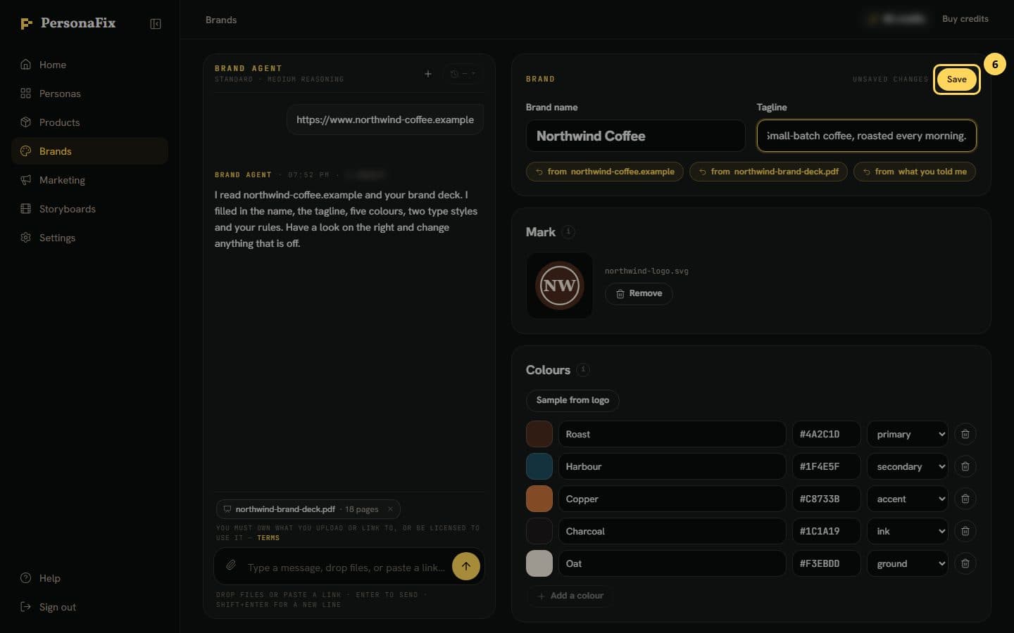 The brand card with a new tagline typed in and the Save button ready
